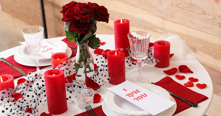 Romantic table setting for Valentines Day celebration at home