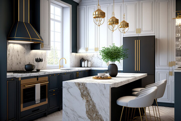 Luxury kitchen interior with new stylish furniture, white marble countertops, modern, AI assisted finalized in Photoshop by me 
