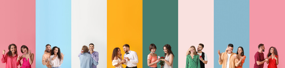 Set of engaged young couples on color background