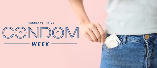 Young woman with condom on pink background. National Condom Week