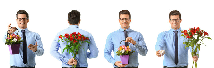 Set of handsome young man with bouquet of flowers and gift isolated on white