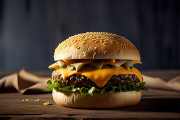 food photography of a dressed up cheese burger on a dark background, generative ai