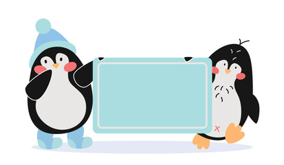 Comic penguins holding empty blue banner vector illustration. Cartoon drawing of cute bird characters with announcement on white background. Information, marketing, advertising, animals concept