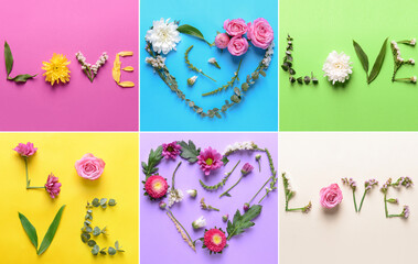 Collection of heart shapes and words LOVE made of beautiful flowers and leaves on color background