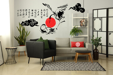 Interior of modern living room with beautiful Japanese print on light wall