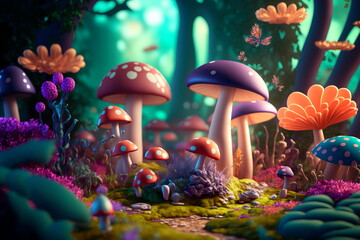 Fantastic wonderland forest landscape with mushrooms and flowers. - obrazy, fototapety, plakaty