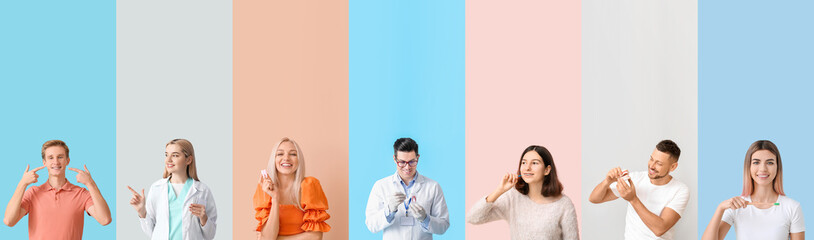 Fototapeta premium Collage of dentists and people with healthy teeth on color background