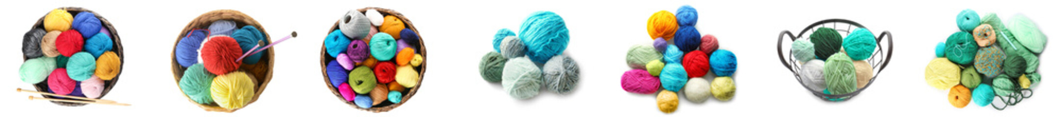 Collage of natural knitting yarn with needles on white background