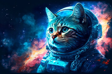 Beautiful cat in outer space.First trip to space. - obrazy, fototapety, plakaty