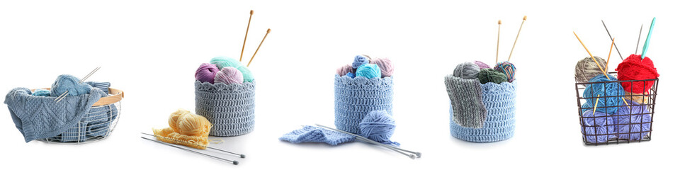 Collage of natural knitting yarn with needles in baskets on white background
