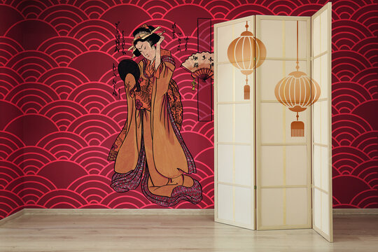 Stylish wooden folding screen near red wall with printed beautiful geisha in room