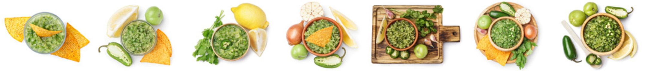 Collage of tasty green salsa sauce on white background, top view - obrazy, fototapety, plakaty