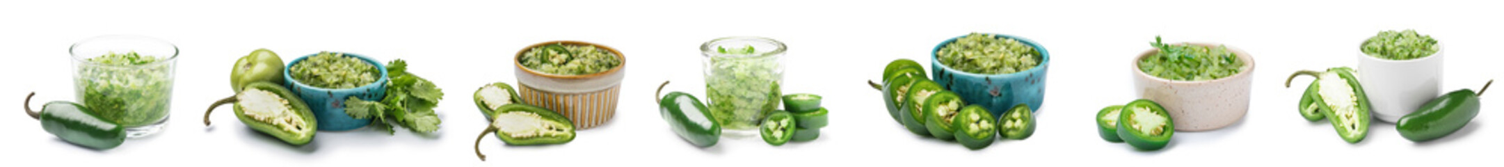 Collage of natural green salsa sauce on white background