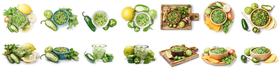 Set of green salsa sauce on white background
