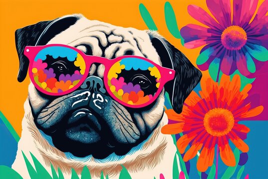 Fototapeta Flower power hippie pug in nature with colorful floral sunglasses, out and about exploring lovely springtime outside.