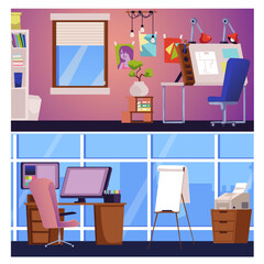 Set of designer workplace interiors flat style, vector illustration