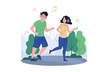 Couple Listening To The Podcast While Jogging In The Park