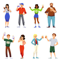 Obraz premium Set of happy people drinking beer at beer festival, flat vector illustration isolated on white background.