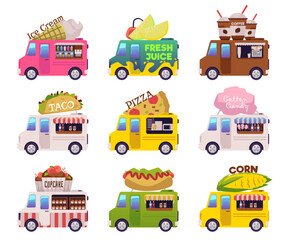 Food trucks big set of cars and vans flat cartoon vector illustration isolated.
