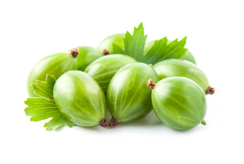 Gooseberry with leaves on white backgrounds.