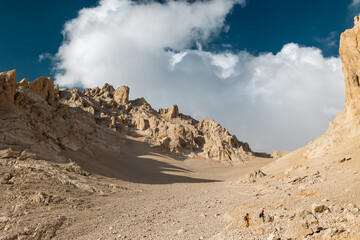 two girls with backpacks on a hike. hiking and travel in the mountains.