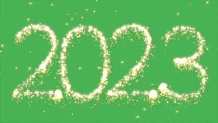 Illustration 2023 happy new year text  on green screen background with firefly effect