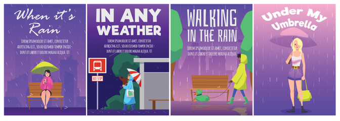 Set of posters or vertical banners about people and rainy weather flat style