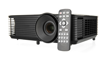 Black video projector with remote control on white background