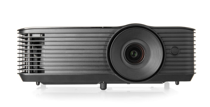 Black video projector on white background