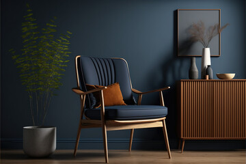 Modern wooden living room armchair on empty dark blue wall background. AI assisted finalized in Photoshop by me 