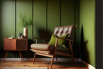 Modern wooden living room armchair on empty dark green wall background. AI assisted finalized in Photoshop by me 