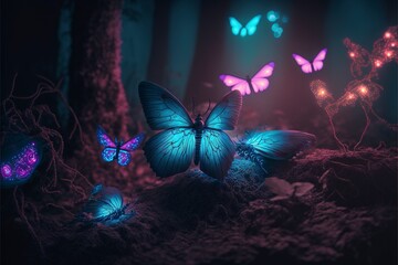Fototapeta na wymiar Forest, glowing colorful butterflies, light fog
