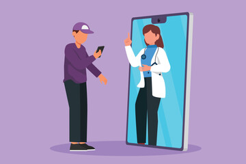 Graphic flat design drawing male patient holding smartphone standing facing giant smartphone screen and consulting female doctor. Doctor online or digital healthcare. Cartoon style vector illustration