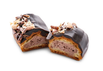 Pieces of sweet chocolate eclair on white background