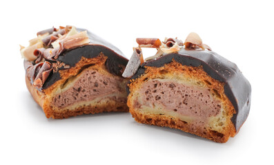 Pieces of sweet chocolate eclair on white background