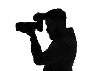 Silhouette of male photographer with camera on white background