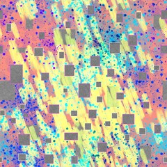 Seamless pattern of abstract bright elements and quads with fabric gray texture for textile.