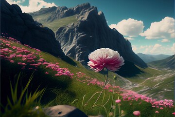 The mountainside is filled with flowers under the blue sky and white clouds. - obrazy, fototapety, plakaty