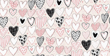 Seamless pattern with hand drawn hearts on a white background. Decorative background with symbols of love. Valentine's day vector illustration for wrapping paper, scrapbooking, wallpapers.