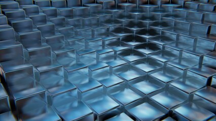 Obraz premium Digital cubic abstract background of blue color, metal squares, reflection, digital space. 3d render
