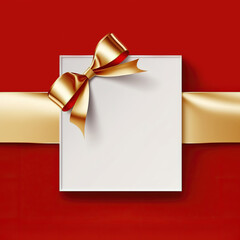 Blank gift greeting card with golden shiny ribbon bow, red background. Copy space. 3d render