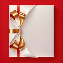 Blank gift greeting card with golden shiny ribbon bow, red background. Copy space. 3d render