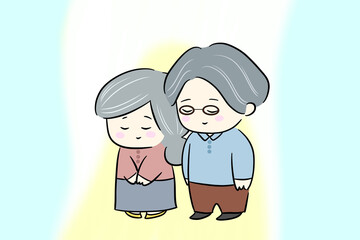 寄り添う夫婦　微笑み合う夫婦　パートナー　イラスト　結婚記念日　熟年