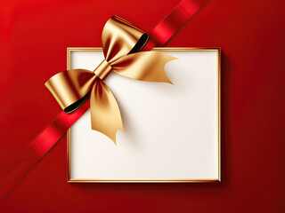 Blank gift greeting card with golden shiny ribbon bow, red background. Copy space. 3d render