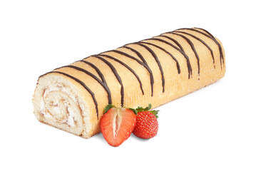 Sweet sponge cake roll and strawberry on white background
