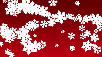 Christmas  Vector Background with Falling Snowflakes. Isolated on Red Background. Realistic Snow Sparkle Pattern. Snowfall Overlay Print. Winter Sky. Papercut Snowflakes.