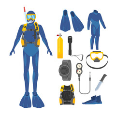 Scuba diving equipment set - flat vector illustration isolated on white background.