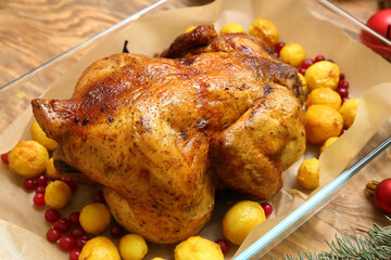 Baking dish with tasty Christmas chicken on wooden table, closeup