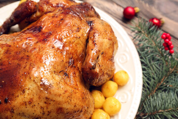 Plate with baked Christmas chicken, closeup