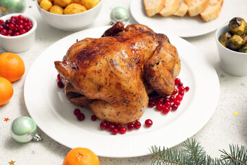 Plate with baked Christmas chicken and cranberry on light background